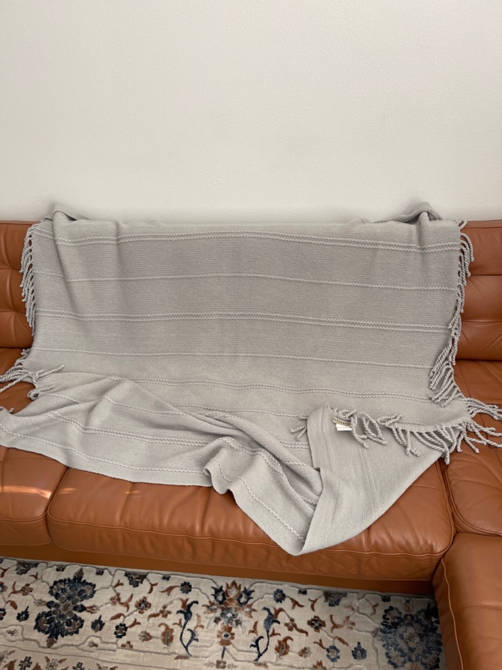 Pottery Barn Light Gray Fringe Throw Blanket